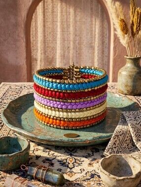 Colorful Braided Cuff Bracelet Wide Coil Metallic Bead Boho Handmade India 2.5"